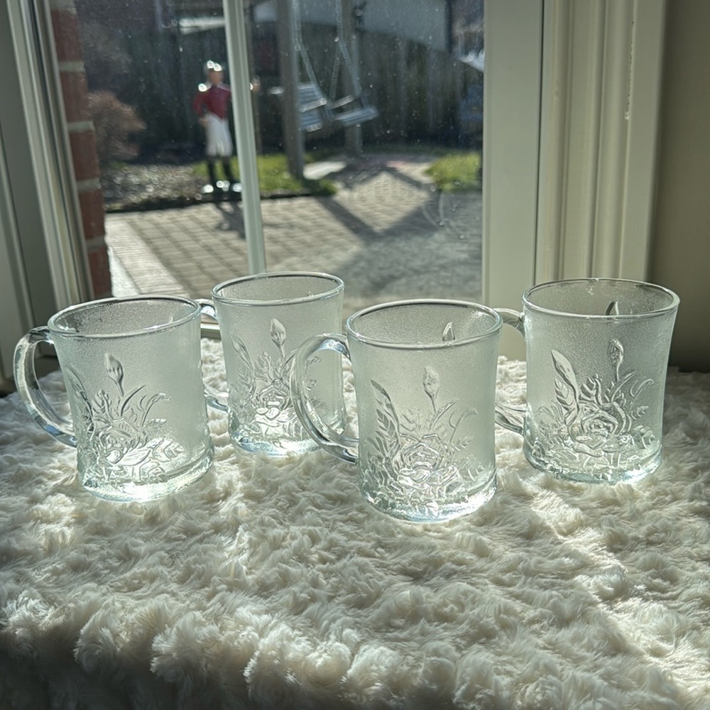 SET OF 4~VINTAGE PASARI LIVIA~ROSE~PRESSED~FROSTED GLASS CUPS/MUGS~VERY NICE~UTC